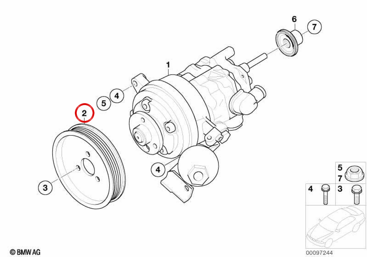 Pulley della pompa di sterzo assistita 32421439232 per BMW E60, E61, E63, E64, E65, E66. BMW originale.