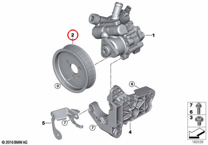 Assisted steering pump pulley 32427556142 for BMW E81, E87, E88, E90, E91, E92, E93, E60, E61. Original BMW.