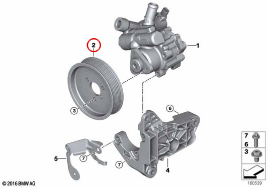 Polea de bomba de dirección asistida OEM 32427556142 para BMW E81, E87, E88, E90, E91, E92, E93, E60, E61. Original BMW.