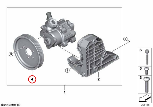 Polea de dirección asistida OEM 32427793983 para BMW E90, E91, E92, E93. Original BMW.