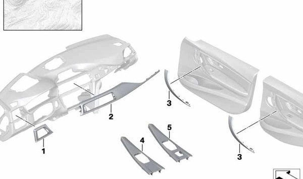 Embellecedor tirador interior derecho OEM 51417985012 para BMW Serie 3 (F30, F30N, F31, F31N, F34) y Serie 4 (F32, F32N, F33, F33N, F36, F36N). Color madera Esche Maser Weiß. Original BMW.