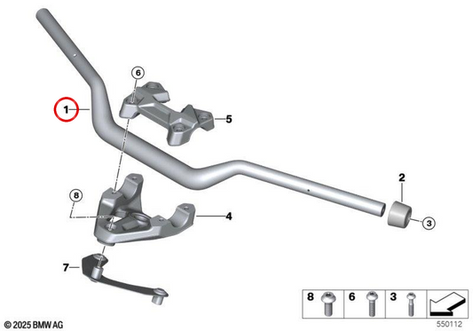 Manubrio tubolare ergonomico nero OEM 32715A733A6 per moto BMW R 1300 RT (KA3) dal 03/2025. Originale BMW Motorrad.