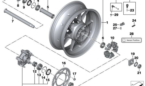 Portador de cadena trasero OEM 33818549028 para motos BMW S 1000 RR (K46), S 1000 R (K47), S 1000 XR (K49). Original BMW Motorrad.
