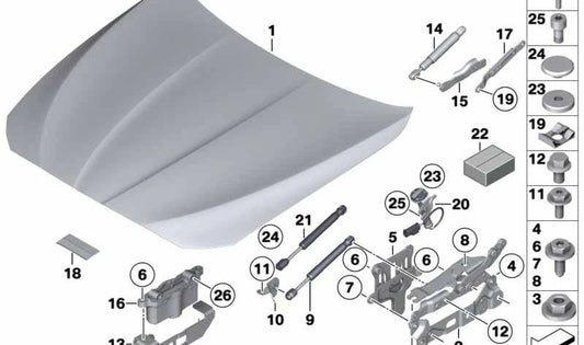 Soporte derecho del capó OEM 51237186988 para BMW F10, F11, F01, F02, F04. Pieza original BMW.