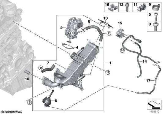 Resfriador de gases de escape de alta temperatura para BMW F20N, F21N, F22, F23, F30, F31, F34, F32, F33, F36, F10N, F11N, G30, G31, G11, G12, G01, G02 (OEM 11717822347). BMW original