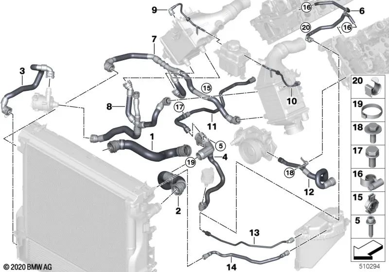 Mangueira de resfriador líquido de refrigerante - bomba de água BMW G05, G06, G07 (OEM 17127536486). BMW original