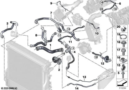 Mangueira de resfriador líquido de refrigerante - bomba de água BMW G05, G06, G07 (OEM 17127536486). BMW original