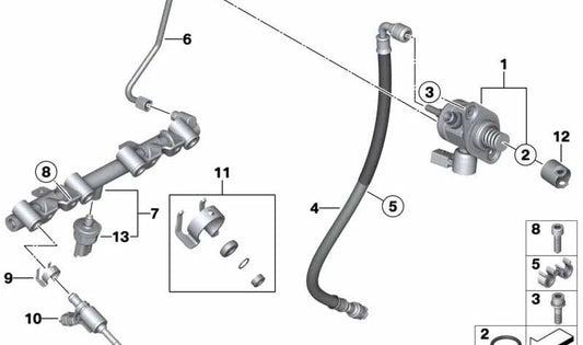 Tubería de alta presión OEM 13537604339 para BMW F20, F20N, F21, F21N, F30, F30N, F31, F35, F35N. Original BMW.
