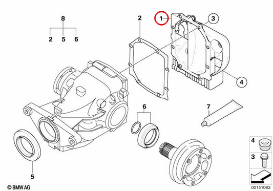 Copertura differenziale OEM 33117528319 per BMW E60, E61, E63, E64, F25, F26, E70, F15, F16. BMW originale.