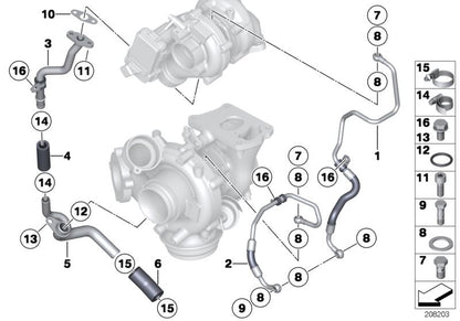 Tubería de retorno de aceite OEM 11428508039 para BMW F30, F31, F34, F32, F33, F36, F07, F10, F11, F06, F12, F13, F01, F25, F26, F15, F16. Original BMW.