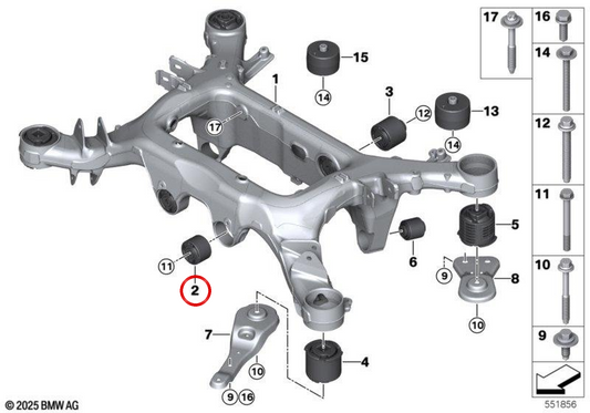 Supporto da blocco di silenzio anteriore OEM 33176897624 per BMW G60, G61, G68, G70, G45. BMW originale.