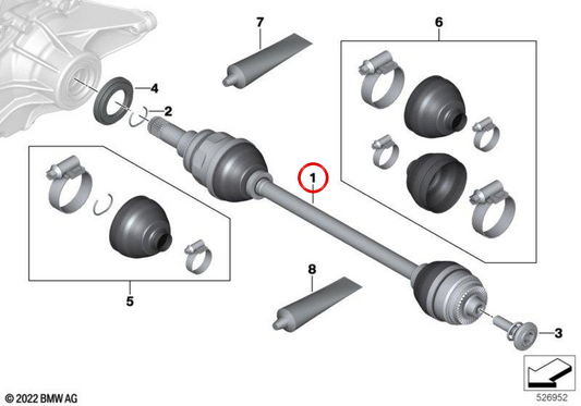 Eje de transmisión OEM 33205A5C2F1 para BMW F70, U06, U11, U12, U10, U25. Original BMW.