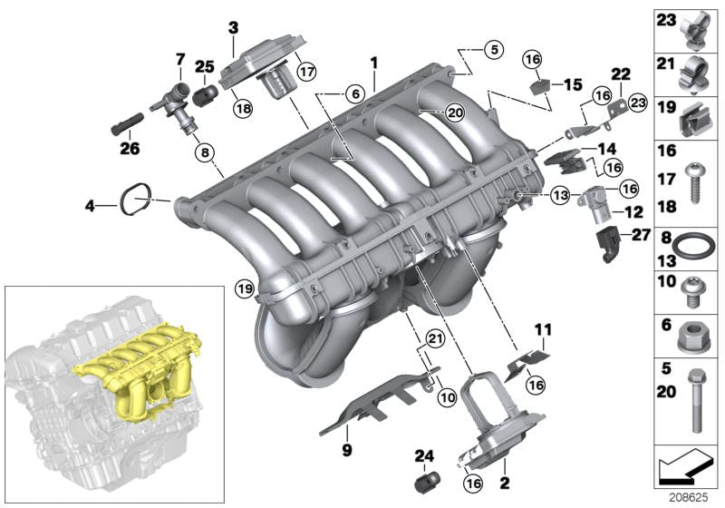 Sensor de presión diferencial OEM 13628657300 para BMW E81, E82, E87, E88, E46, E90, E91, E92, E93, E60, E61, F10, F11, E63, E64, E65, E66, F01, F02, E84, E83, F25, E53, E70, E85, E86, E89, F60. Original BMW.
