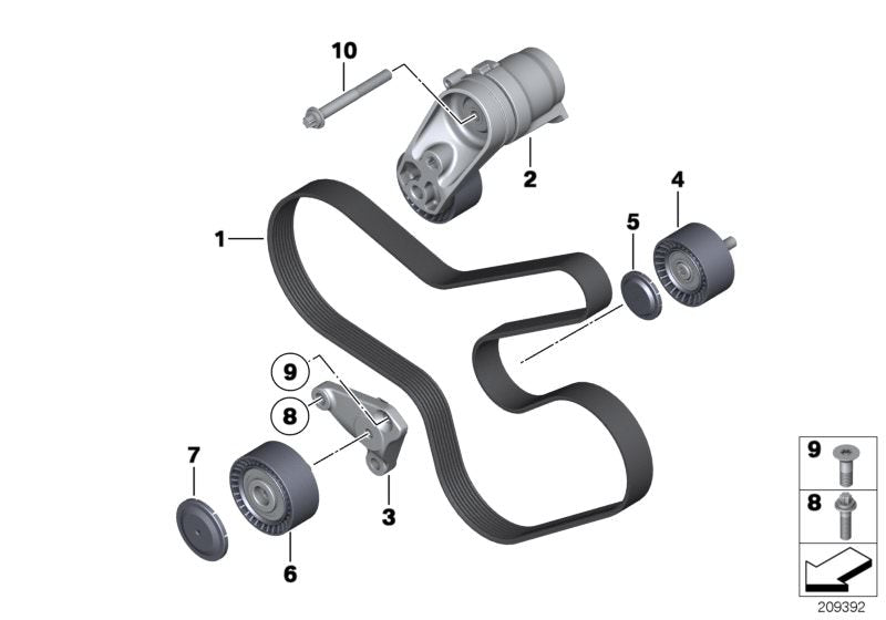 Tensor de correa mecánico OEM 11288604266 para BMW F20, F21, F22, F23, F87, F30, F31, F34, F32, F33, F36, F07, F10, F11, F06, F12, F13, F01, F02, F25, F26, E70, F15, E71, F16. Original BMW.