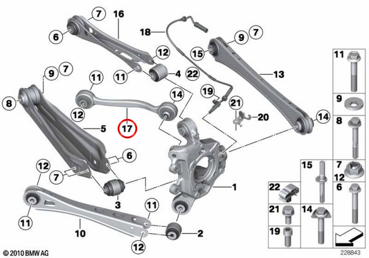 Braço de suspensão traseira com bloco silencioso OEM 33306786991 para BMW F25, F26. BMW genuíno.