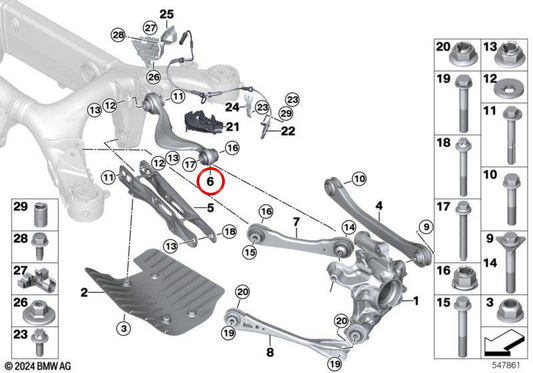 Braccio di sospensione con blocco silenzioso sinistro OEM 33308091191 per BMW F95, F96, G09. BMW originale.