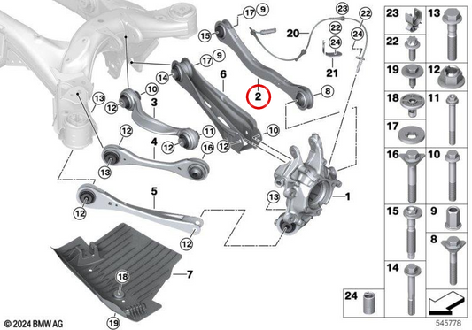 Braço traseiro esquerdo OEM 33308844841 para BMW X3 G45, X3L G48... e muito mais. BMW genuíno.