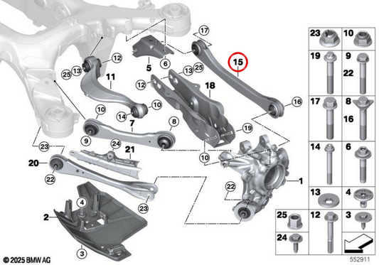 Braço de suspensão com bloco silencioso esquerdo OEM 33308860835 para BMW G60, G61, G70. BMW genuíno.