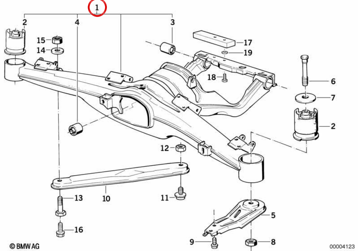 Supporto subchassis posteriore OEM 33311090566 per BMW E34. BMW originale.