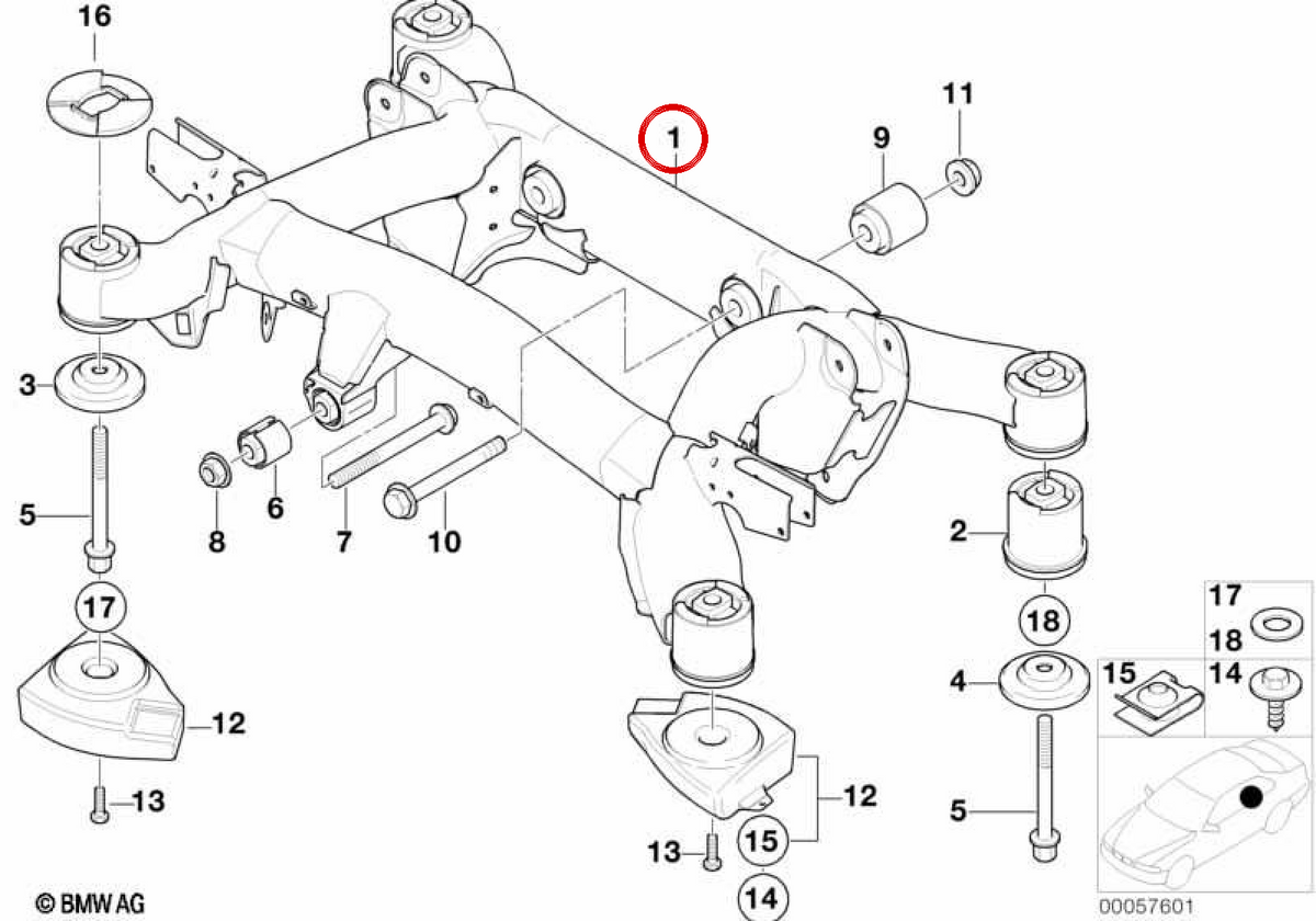 Subchassis posteriore OEM 33311097248 per BMW E39. BMW originale.