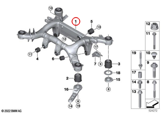 Subestrutura traseira OEM 33317857057 para BMW F90, F91, F92, F93. BMW genuíno.