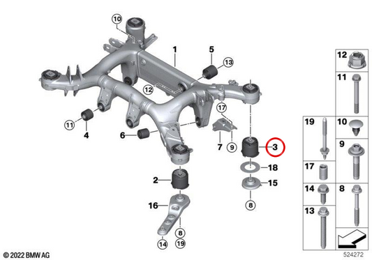 Soporte Silentblock Trasero OEM 33317857059 para BMW F90, F91, F92, F93. Original BMW.
