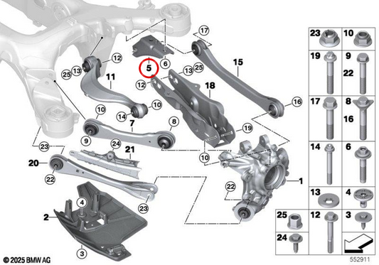 Suporte de braço de suspensão esquerdo OEM 33318832027 para BMW G60, G61, G68, G70. BMW genuíno.