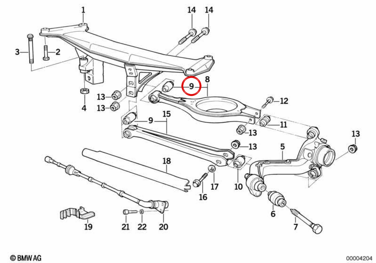 Silentblock Support OM Rear Suspension OEM 33326770824 for BMW E36, E46, E83, Z1, E85, E86, E89. Original BMW.
