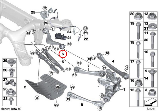Braccio di sospensione con blocco silenzioso destro OEM 33326861120 per BMW G30, G31, G32. BMW originale.