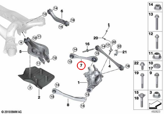 Rechter vorderer Suspensionsarm mit Silentblock OEM 33326878632 für BMW G20, G21, G29. Original BMW.
