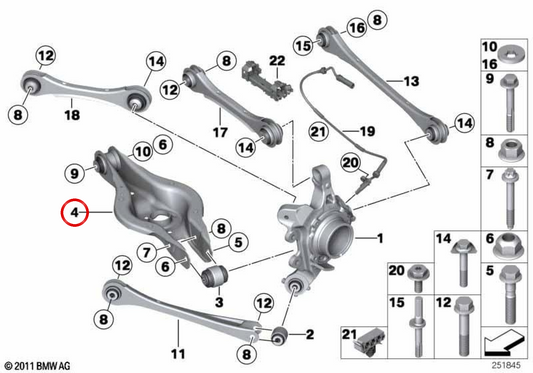 Braccio di sospensione posteriore con blocco silenzioso OEM 33326884694 per BMW F20, F21, F22, F23, G42, F30, F31, F34, F35, G20, G21, G28, F32, F33, F36, G22, G23, G26, G29. BMW originale.