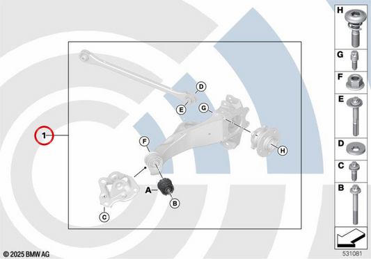 Silentblock Repair Kit Longitudinal Arm OEM 33328854056 für BMW F40, F52, F44, F46, F48, F49, F39, F54, F60. Original BMW.