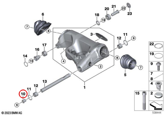 Tope antirrotación OEM 33357923124 para BMW Motorrad R 1300 GS (RKA1) y R 1300 GS Adventure (RKA2). Pieza original BMW Motorrad.