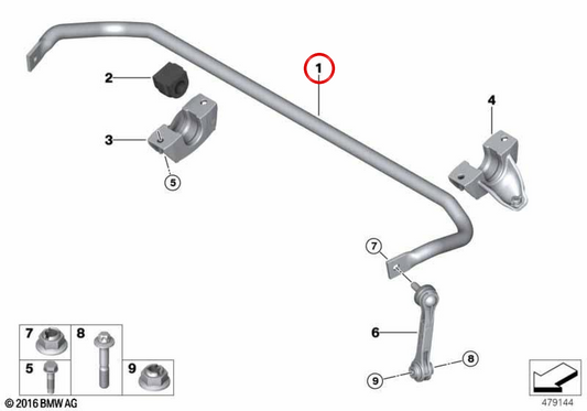 Barra stabilizzatore posteriore OEM 33506861457 per BMW G30, G31, G11, G12. BMW originale.