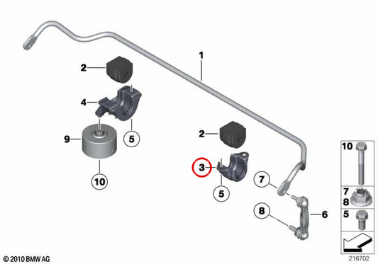 OEM 335069961 Supporto a barra di stabilizzatore sinistro per BMW F07, F10, F11, F18, F12, F13, F01, F02. BMW originale.