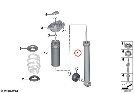 Amortiguador trasero OEM 33506877077 para BMW F40, F44. Original BMW.
