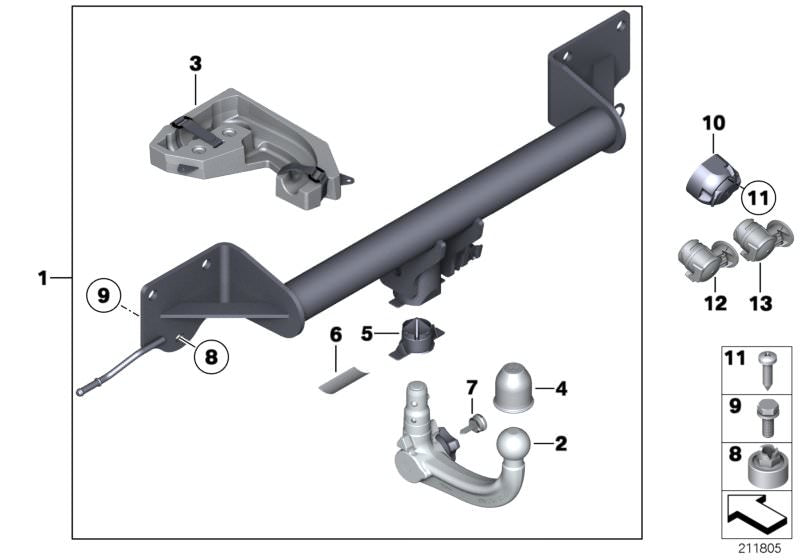 Bandeja soporte bola remolque OEM 71606790374 para BMW X1 E84. Accesorio original BMW.