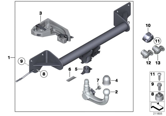 Bandeja soporte bola remolque OEM 71606790374 para BMW X1 E84. Accesorio original BMW.