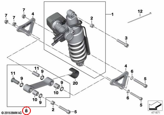 Rear linkage link OEM 33548560165 for BMW Motorrad K1600GT, K1600GTL, K1600Bagger. Original BMW Motorrad.