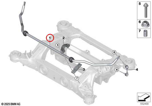Barra estabilizadora trasera OEM 33551543613 para BMW G70. Original BMW.