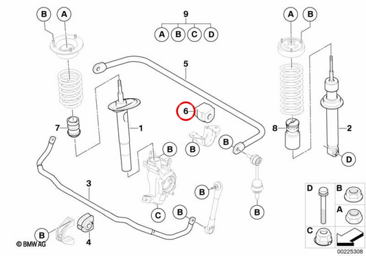 Soporte de goma estabilizador OEM 33556761003 para BMW E60, E61, E63, E64. Original BMW.