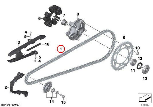 M Endurance drive chain OEM 33817106113 for BMW motorcycles F 750 GS, F 800 GS, F 850 GS, F 900 GS, F 850 GS Adventure, F 900 GS Adventure, F 900 R, F 900 XR... and more. Original BMW Motorrad.