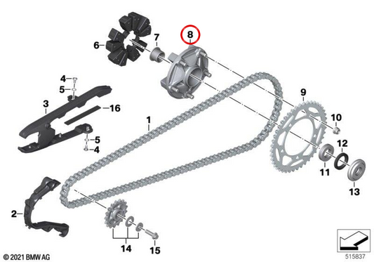 Suporte de roda de corrente OEM 33817108633 para motocicletas BMW F750GS, F850GS, F900R, S1000RR, S1000XR… e muito mais. Originais BMW Motorrad.