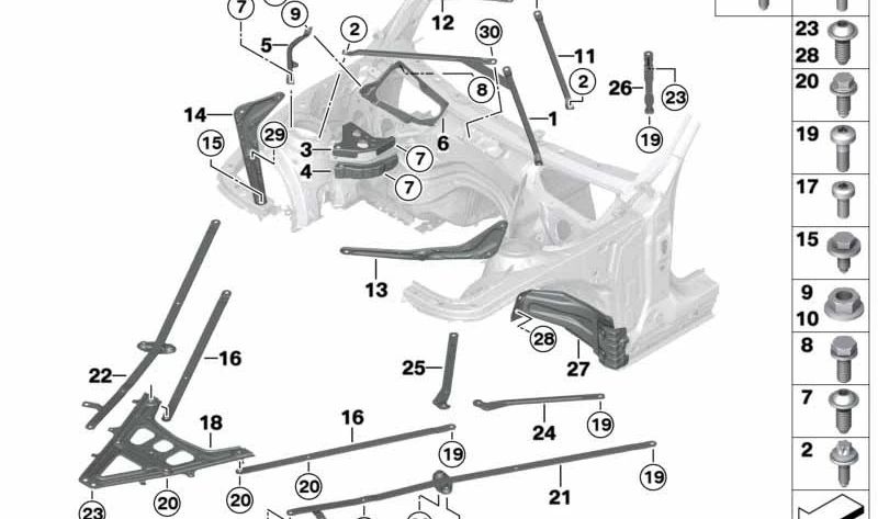 Refuerzo lateral izquierdo del cortafuegos OEM 41007385817 para BMW F22, F30, F31, F34. Original BMW.