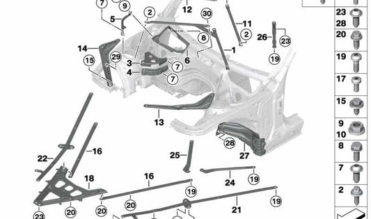 Refuerzo lateral izquierdo del cortafuegos OEM 41007385817 para BMW F22, F30, F31, F34. Original BMW.