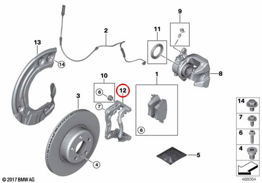 Soporte de pinza de freno izquierdo OEM 34106882255 para BMW G20, G21, G28, G22, G23, G26, G30, G31, G01, G29. Original BMW.