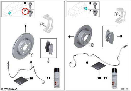 Juego de pastillas de freno sin amianto OEM 34106897141 para BMW F70, U06, U11, U12, U10, F65, F66, J05, J01, U25. Original BMW.