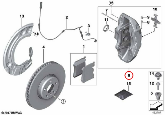Pinça de freio esquerda OEM 34106897365 para BMW F97, F98, G18, G07. BMW genuíno.