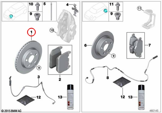Disco de freio ventilado direito OEM 34107915322 para BMW Série 4 G26 Gran Coupe, i4 G26... e muito mais. BMW genuíno.