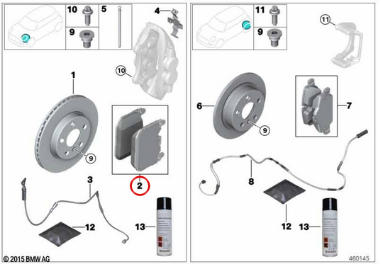 Juego de pastillas de freno sin amianto OEM 34108842387 para BMW G60, G61, G70. Original BMW.
